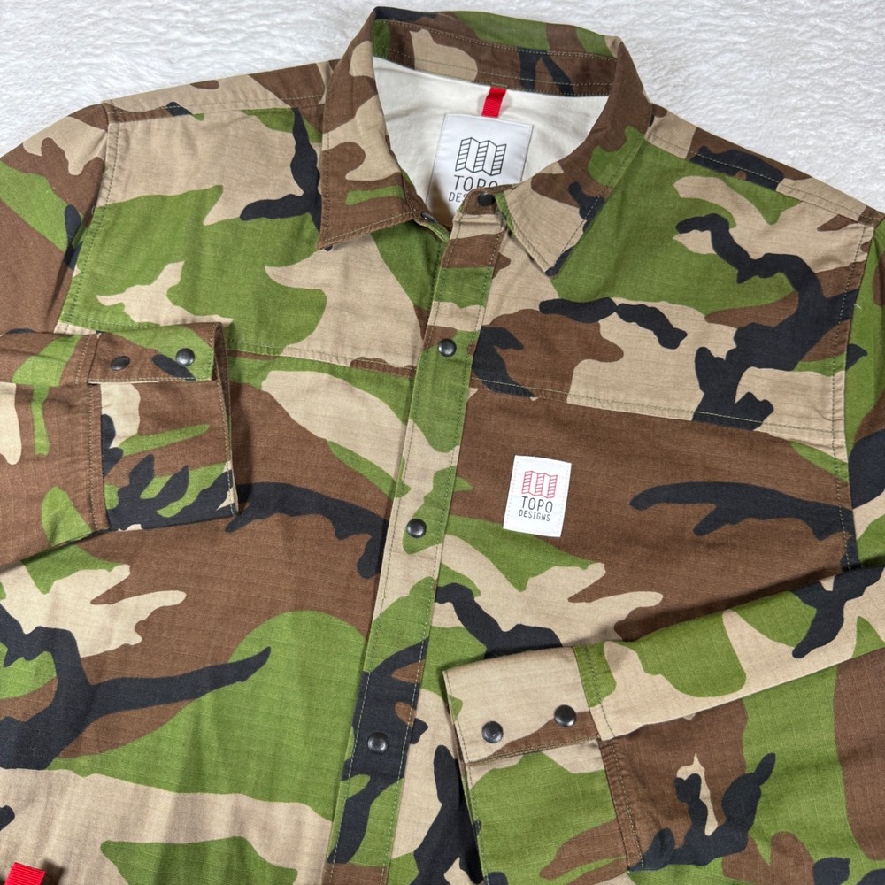 Topo Designs Field Shirt Mens L Green Beige Nylon Camo L/S Ripstop Snap Utility